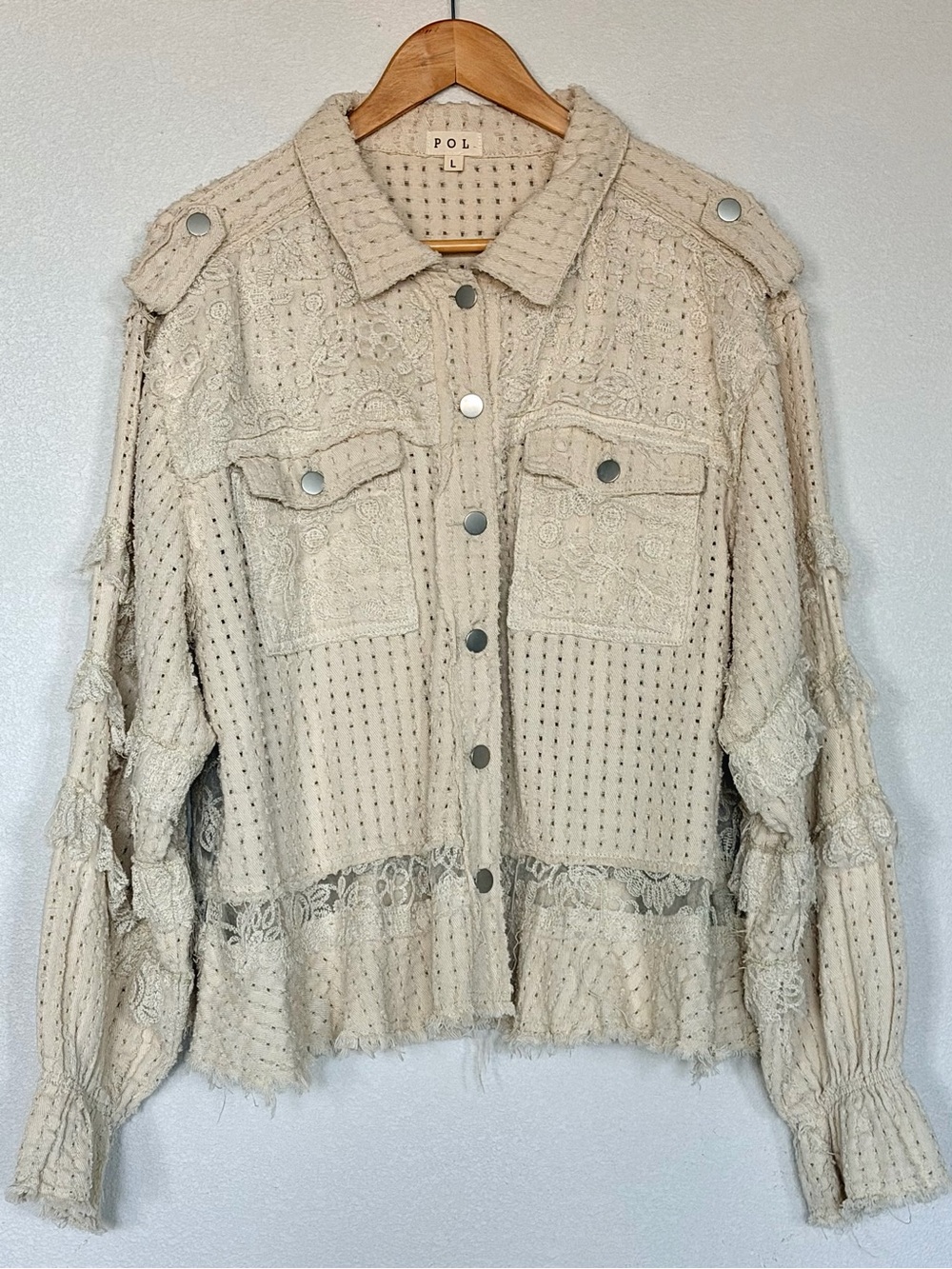 POL Mixed Media Lace Shacket Jacket Cream Boho Crochet Flared Sleeve Large